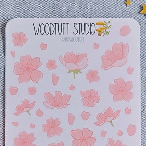 Folha de adesivos de flor de cerejeira Sakura - decalques florais rosa desenhados à mão para diário, planejador, cartões, álbum de recortes e artesanato | Flores da primavera
