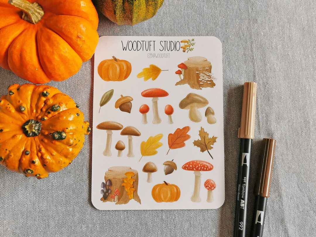 Fall Leaves and Mushrooms Autumn Sticker Sheet for Bullet Journal or Planner