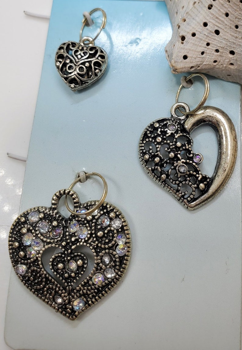 3 Elegant Crystal and Silver Heart Charms # 164