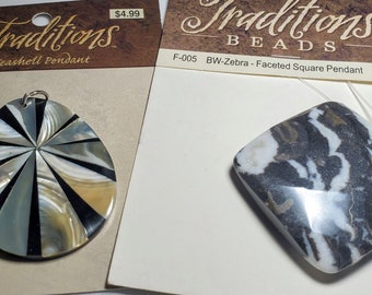 Two Pendants for the price of one (Zebra Faceted Square & Seashell Pendant) #80