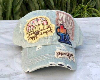 Wild & Free cap. Happy Camper hat. Cool cap.Embroidered hat. Summer Unisex hat. Denim Classic cap. Patch on front hat.Vintage distressed hat