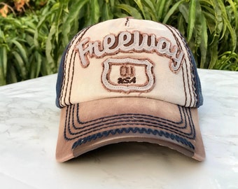 Freeway cap. Cool cap. Embroidered hat. Summer Unisex hat. Denim Classic cap. Patch on front hat.Vintage distressed hat. Freeway trucker cap
