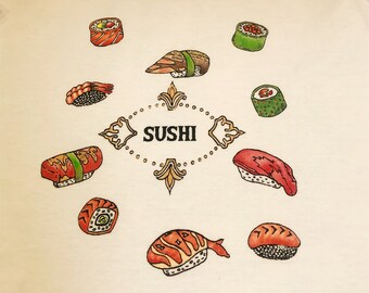 Unisex Sushi tshirt.Food shirt.Sushi rice shirt. Tuna salmon sushi tshirt unique Tee.watersplash shirt.Hand drawn tshirt.Hand painted tshirt