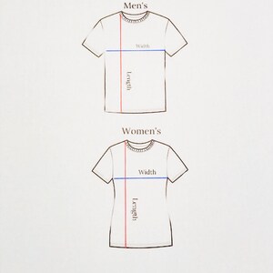 K&ouml;nnte beinhalten: Strichzeichnung von zwei T-Shirts, eines mit der Aufschrift "Men's" und das andere mit "Women's". Jedes Hemd hat rote und blaue Linien, die L&auml;ngen- und Breitenma&szlig;e angeben. Das Bild befindet sich auf wei&szlig;em Hintergrund.