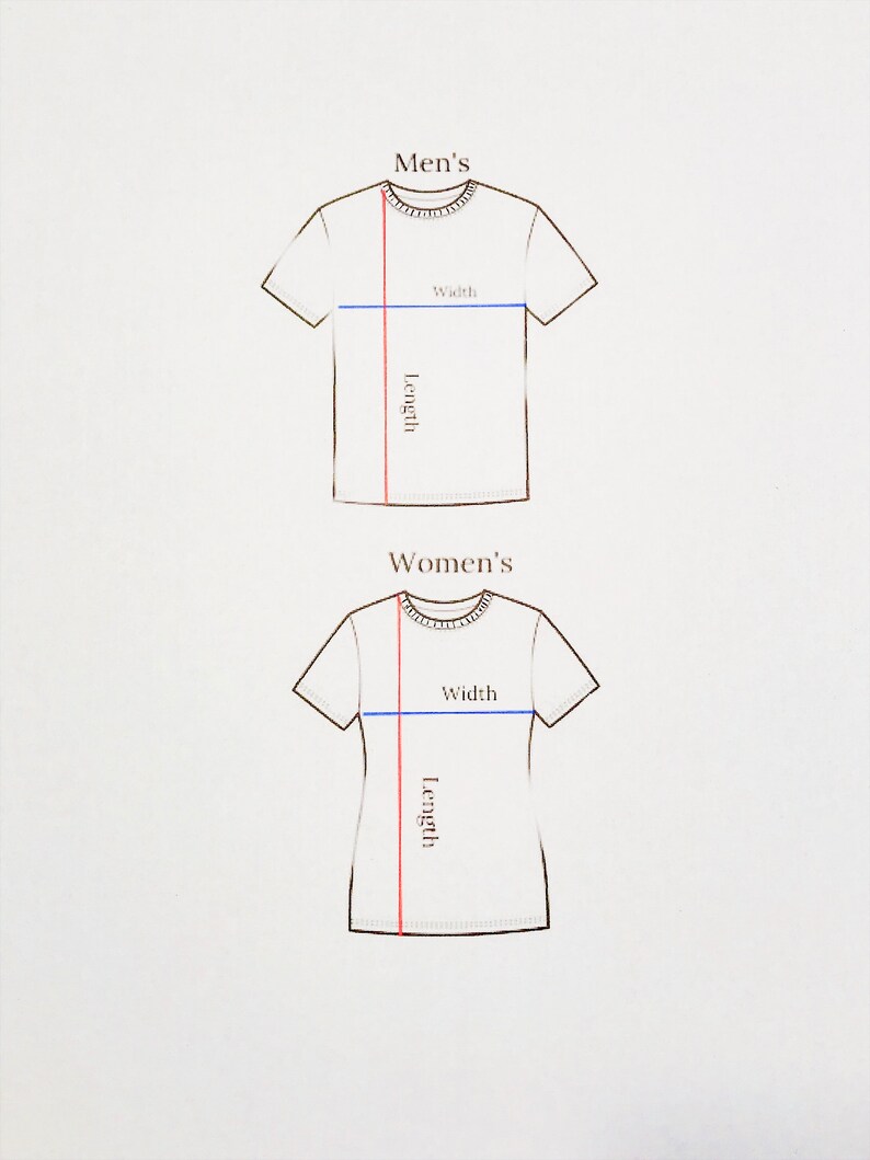 K&ouml;nnte beinhalten: Strichzeichnung von zwei T-Shirts, eines mit der Aufschrift "Men's" und das andere mit "Women's". Jedes Hemd hat rote und blaue Linien, die L&auml;ngen- und Breitenma&szlig;e angeben. Das Bild befindet sich auf wei&szlig;em Hintergrund.