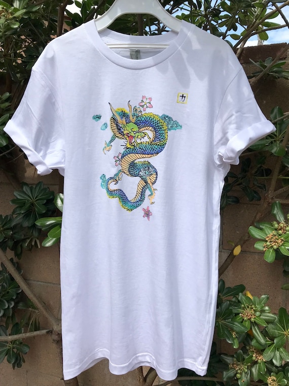 Unisex Blue Dragon t-shirt. Strength Dragon. Animal t-shirt. Watersplash shirt. Hand-drawn & painted Chinese Dragon. Graphic artistic tee.