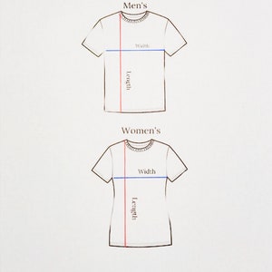 May include: Diagram showing how to measure the width and length of a t-shirt. The diagram shows two t-shirts, one labeled "Men's" and the other labeled "Women's".