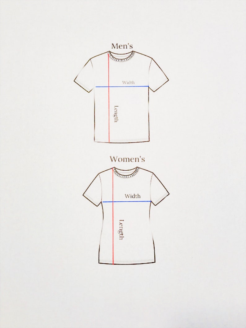 May include: Diagram showing how to measure the width and length of a t-shirt. The diagram shows two t-shirts, one labeled "Men's" and the other labeled "Women's".