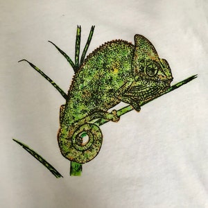 K&ouml;nnte beinhalten: Wei&szlig;es T-Shirt mit einer detaillierten Illustration eines gr&uuml;nen Cham&auml;leons auf einem Ast. Das Cham&auml;leon ist in einem punktartigen Stil dargestellt, mit Gr&uuml;n- und Braunt&ouml;nen. Das Design enth&auml;lt gr&uuml;ne, grasartige Elemente.