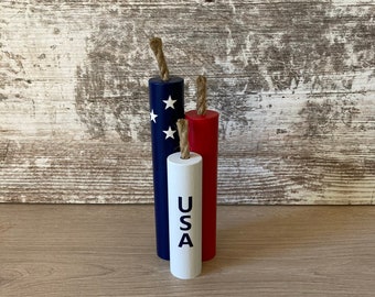 Handmade Patriotic Firecracker Trio: 4th of July Tier Tray Decor