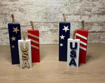 Handmade Patriotic Firecracker Trio: 4th of July Tier Tray Decor
