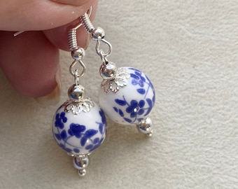 Porcelain earrings, Blue China Earrings, Ceramic Bead Earrings, Blue White Flower Earrings, Mothers Day Gift, Gifts For Her, Birthday Gift
