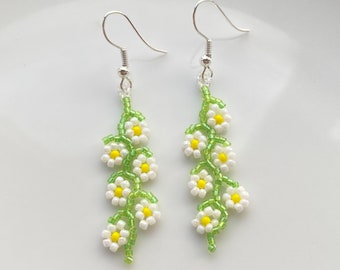 Daisy Chain Earrings, White Yellow Green Dangle Earrings, Flower Earrings, Floral Jewellery Gift, Boho Earrings, Botanical Jewellery