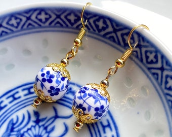 Porcelain Earrings, Blue White Floral Gold Earrings,Gold Plated Filigree Earrings, Spring Summer earrings,Oriental Earrings, Birthday Gift