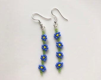 Forget Me Not Earrings, Beaded Flower Chain Earrings, Daisy Earrings, Floral Earrings, Flower Botanical, Boho Jewellery,Secret Santa Gift