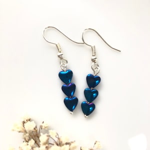 Blue Hematite Heart Earrings, Metallic Blue Stone Earrings, Healing Stone, Heart Drop Earrings,Valentines Earrings Gift, gifts for her,