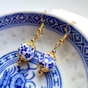 Porcelain Earrings, Blue White Floral Gold Earrings,Gold Plated Filigree Earrings, Spring Summer earrings,Oriental Earrings, Birthday Gift