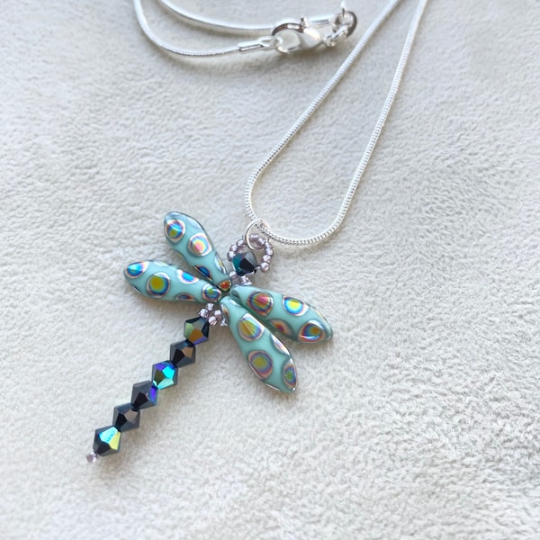 Dragonfly Necklace, Beaded Mint Green Dragonfly Necklace, Dragonfly Jewellery, Wildlife Jewellery