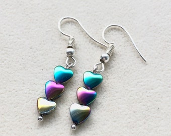 Rainbow Hematite Heart Earrings, Heart Jewellery Hematite Stone Earrings, HEALING, Stone Jewellery,Dangle Drop,Birthday Gift for Her,
