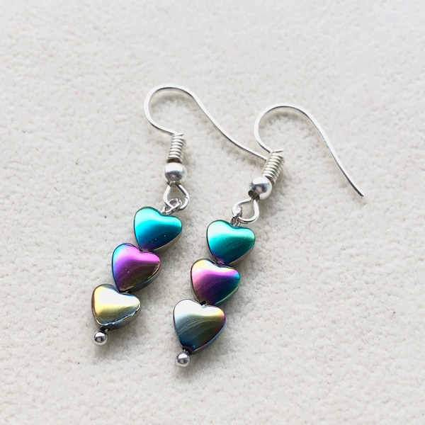 Rainbow Hematite Heart Earrings, Heart Jewellery Hematite Stone Earrings, HEALING, Stone Jewellery,Dangle Drop,Birthday Gift for Her,