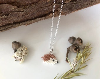 Hedgehog Necklace,Sterling Silver Beaded  Animal Necklace,Brown Hedgehog Gift, Cute Hedgehog Necklace