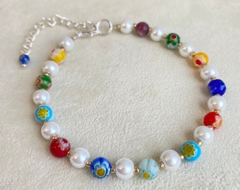 Millefiori Glass Bracelet, Rainbow Bracelet, Pearl Bracelet, Rainbow Jewellery,