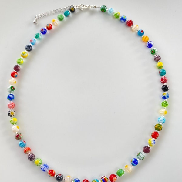 Millefiori Glasperlen Halskette, Regenbogenfarbe Halskette, Florale Halskette, Frühling Sommer Boho Kette, Italienische Halskette, Choker Halskette