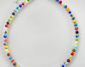 Collier de perles de verre Millefiori, collier couleur arc-en-ciel, collier floral, collier bohème printemps été, collier italien, collier ras du cou