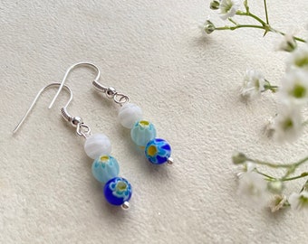 Millefiori Glass Earrings, Blue And White Dangly Drop Earrings, Italian Glass Jewellery, Flower Earrings,Dainty Floral Earrings.