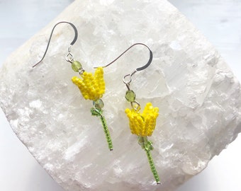 Yellow Tulip Earrings, Beaded flower Earrings, Garden floral Earrings, boho earrings, sterling silver earrings, summer dangle earrings