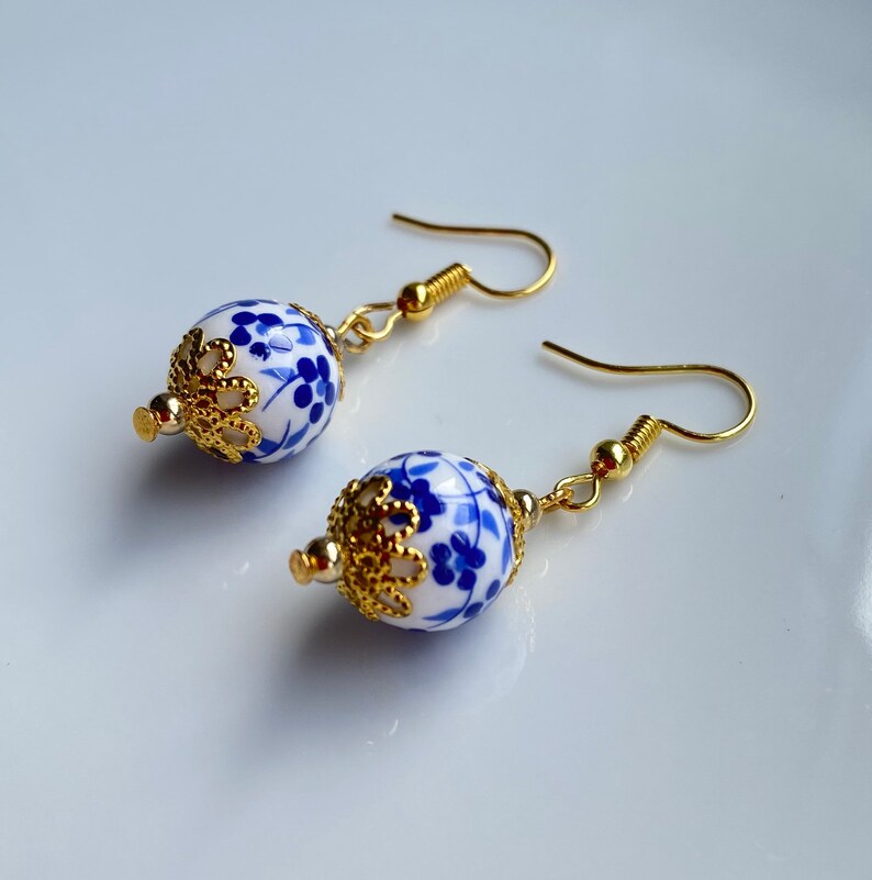 Porcelain Earrings Blue White Floral Gold Earrings Gold Etsy UK