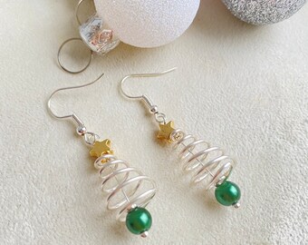 Christmas Tree Earrings, Funky Wire Wrap Xmas Tree Earrings, Festive Seasonal Jewellery, Gifts For Her, Secret Santa Gift