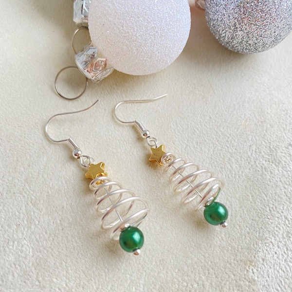 Christmas Tree Earrings, Funky Wire Wrap Xmas Tree Earrings, Festive Seasonal Jewellery, Gifts For Her, Secret Santa Gift