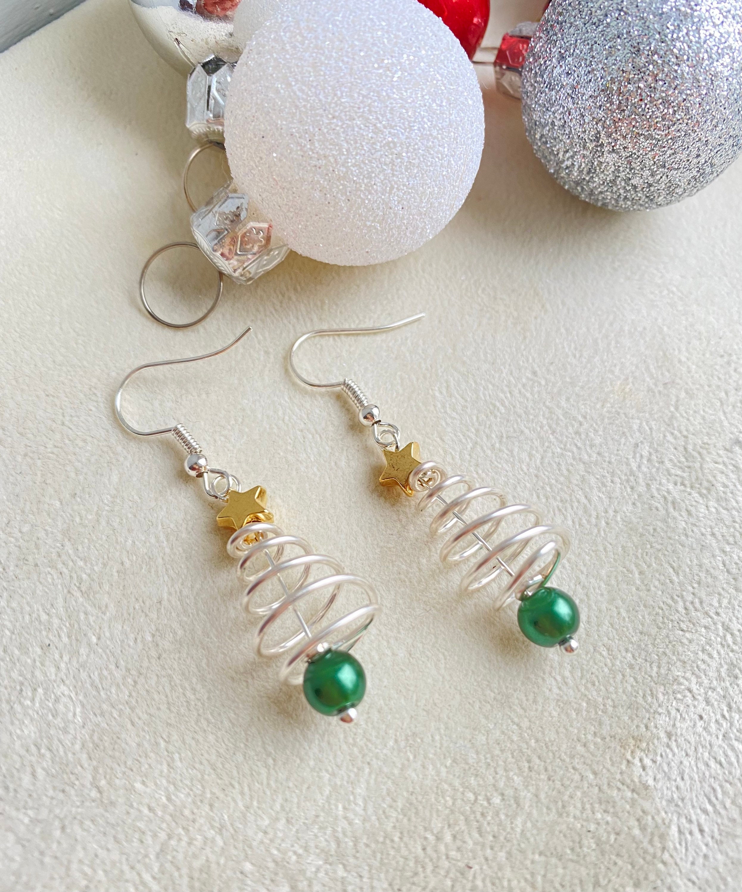 Handmade Aluminum Wire Christmas Tree Earrings With Jingle Bells