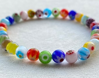 Millefiori Glass stretch Bracelet,Italian Glass Bracelet,Rainbow Jewellery, Men women Bracelet Unisex Bracelet, Vegan Bracelet