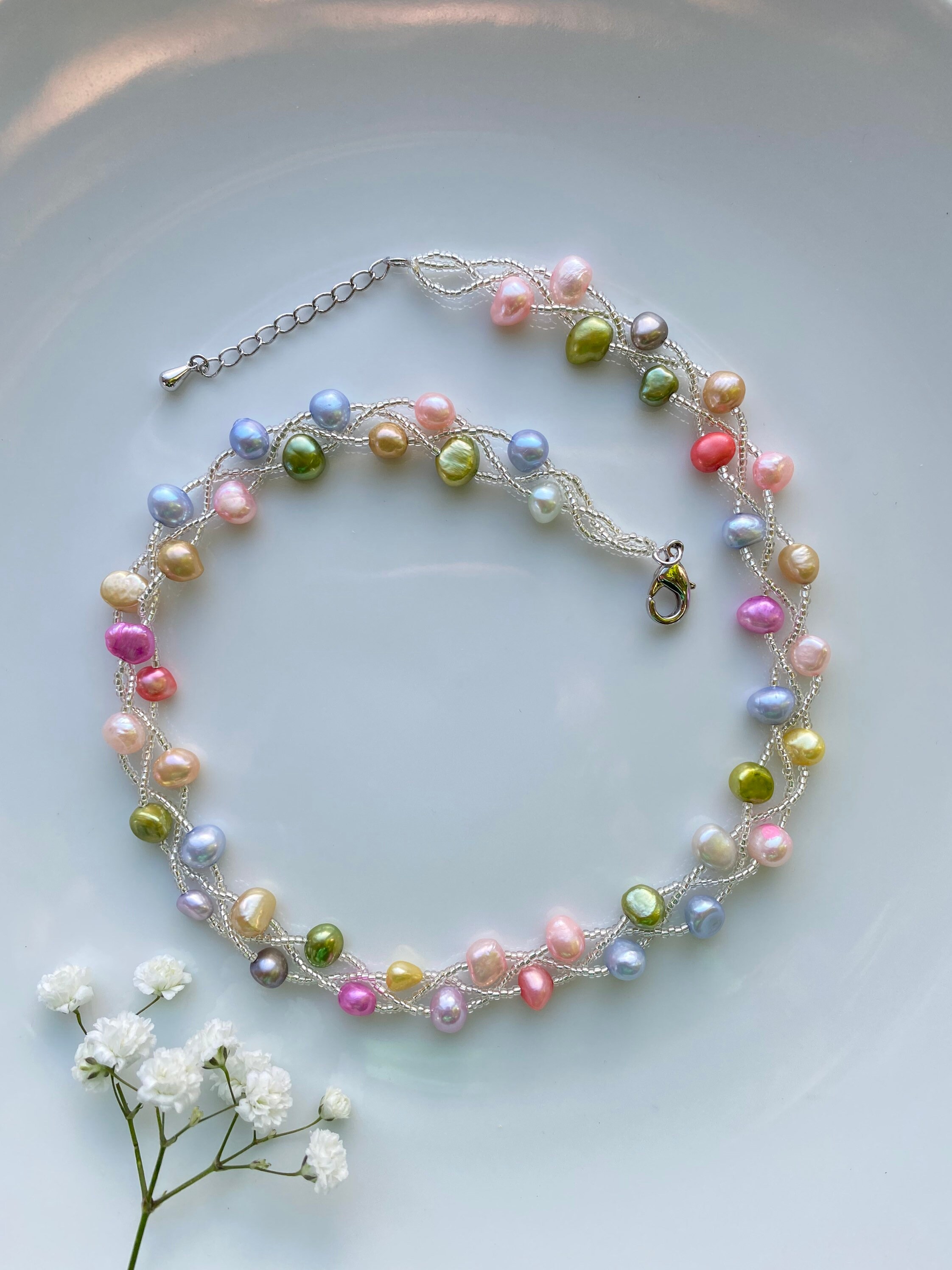 Freshwater Pearl Necklace Pink Green 