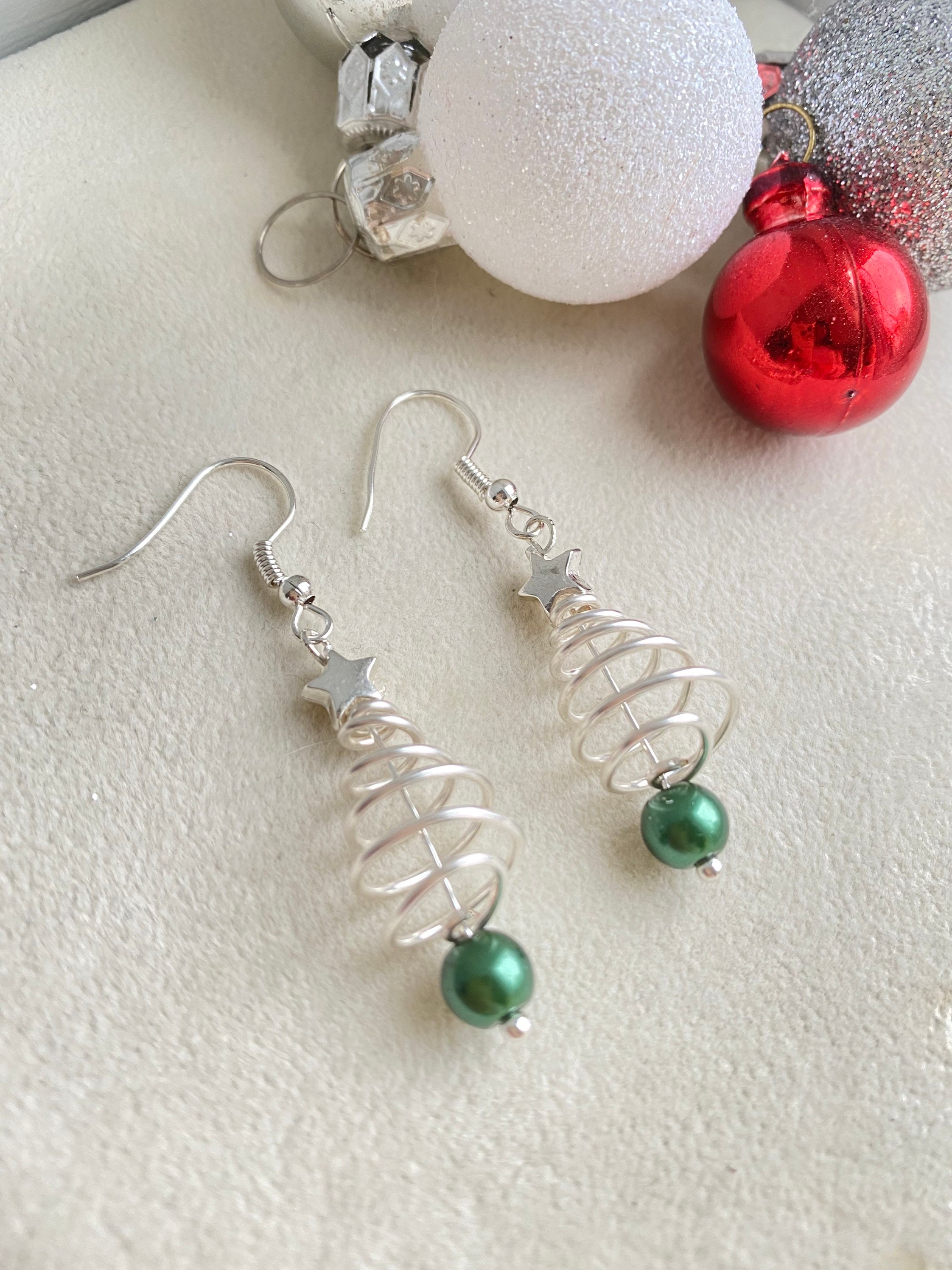 Handmade Aluminum Wire Christmas Tree Earrings With Jingle Bells