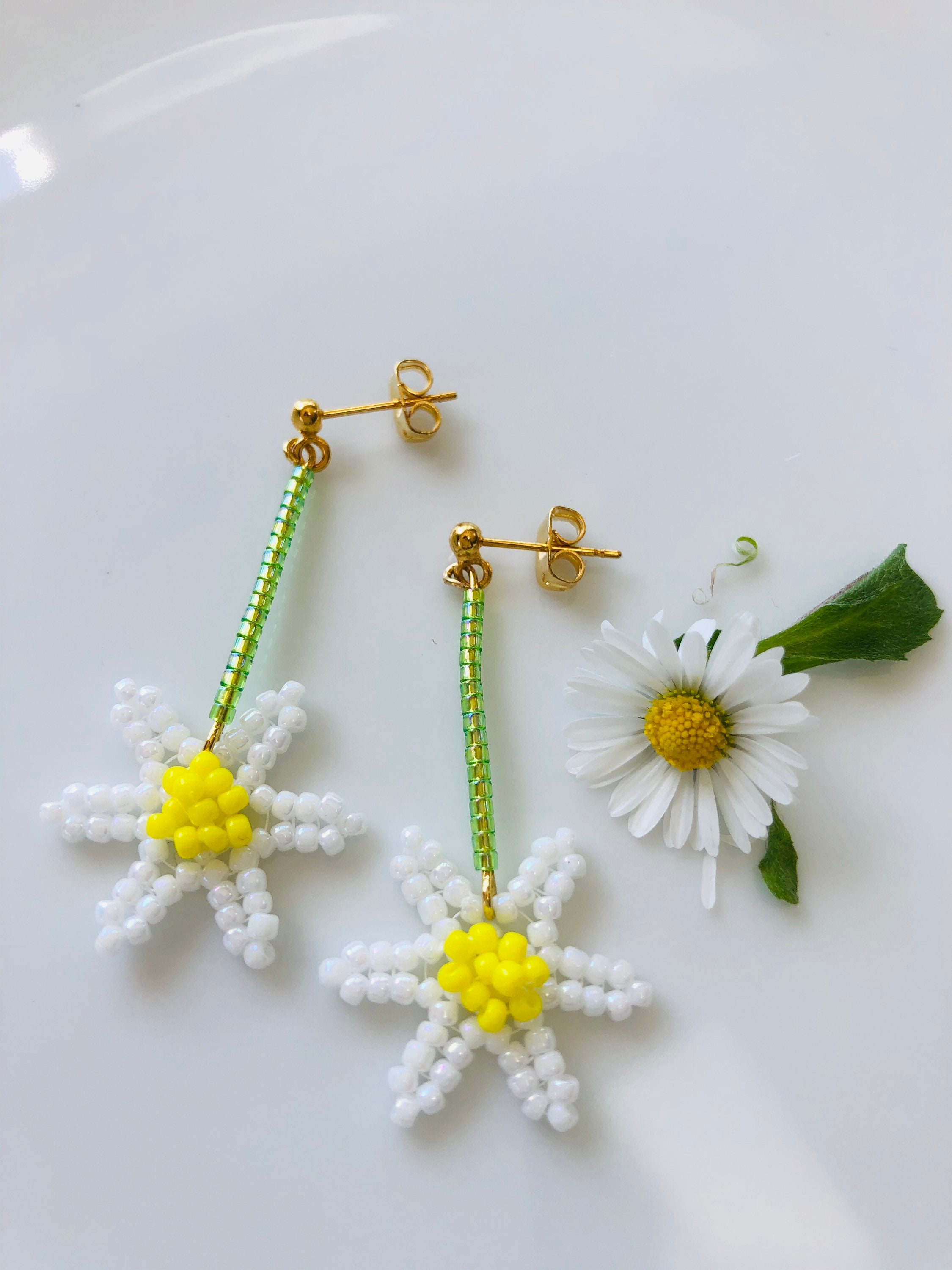 Beaded Daisy Chain Earrings Seed Bead Dangle Earrings White Etsy