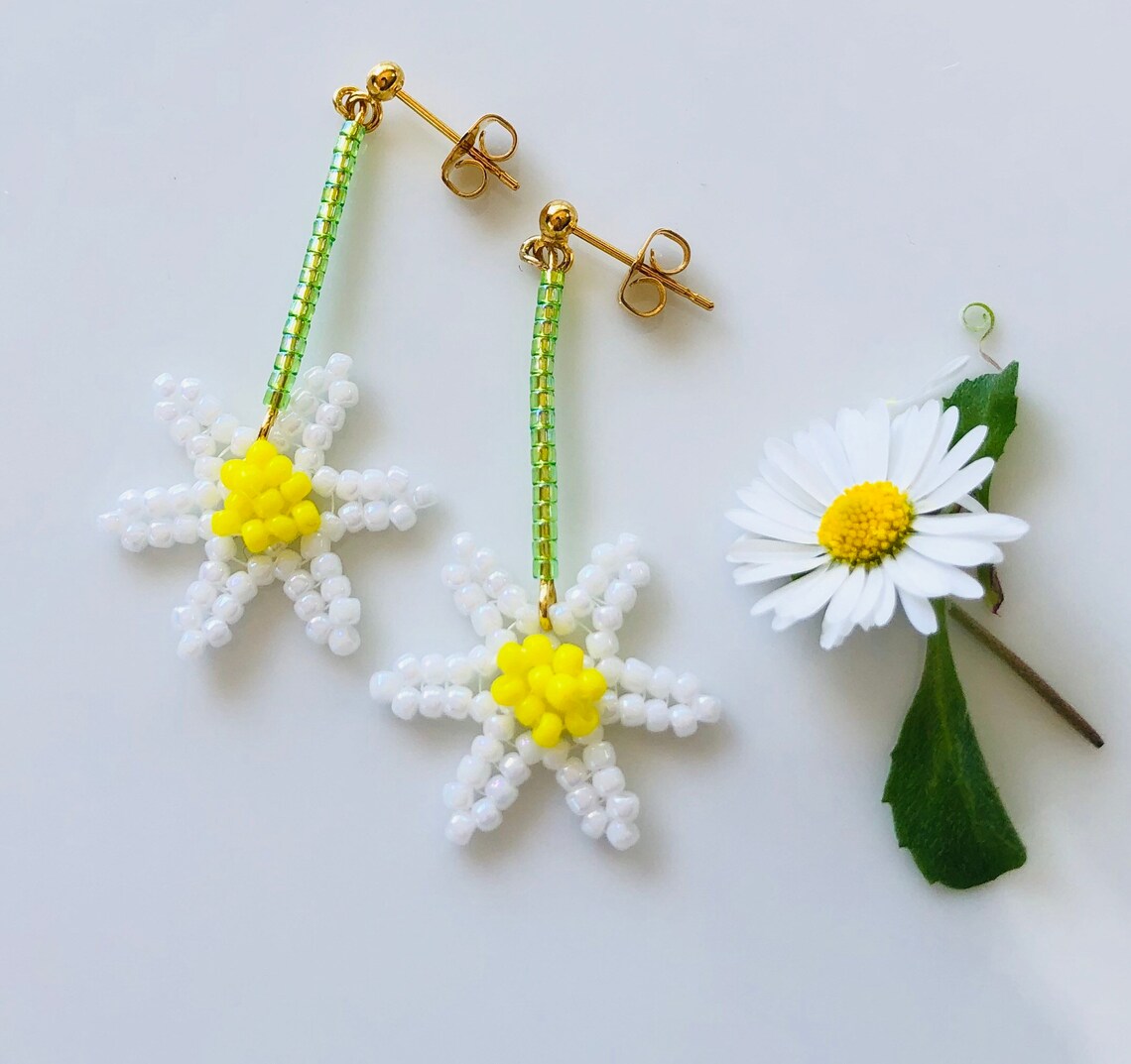 Beaded Daisy Chain Earrings Seed Bead Dangle Earrings White Etsy