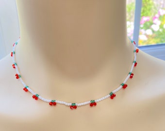 Cherry Necklace, Red Cherry Choker, Beaded Cherry Jewellery, Red White Necklace, Summer Jewellery, Tiny Seed Bead, Gifts For Her,Boho Gift