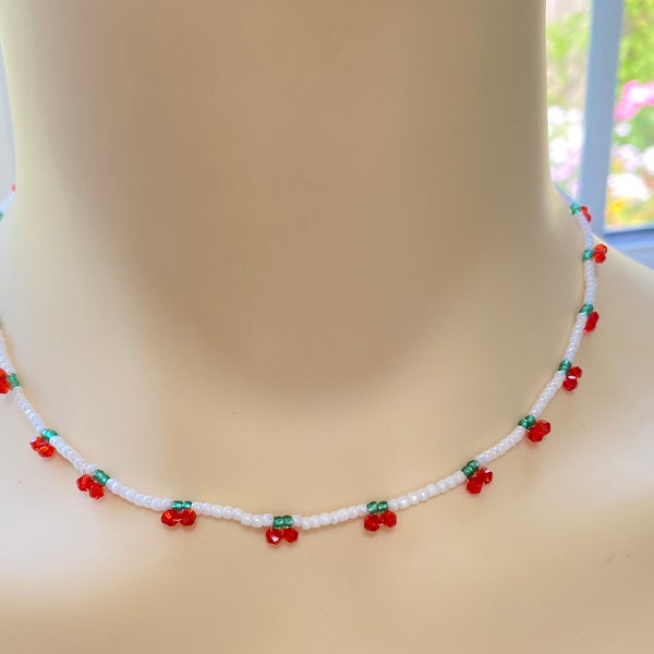 Cherry Necklace, Red Cherry Choker, Beaded Cherry Jewellery, Red White Necklace, Summer Jewellery, Tiny Seed Bead, Gifts For Her,Boho Gift