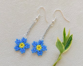 Forget Me Not Flower Earrings, Miniature Floral Earrings, Blue Yellow Flower Earrings, Wildflower Jewellery,Floral Earrings For Women