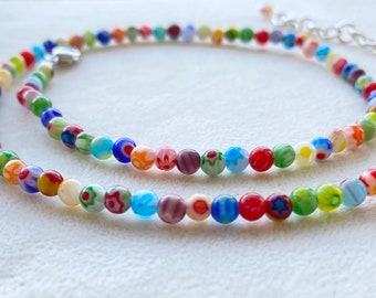 Millefiori Glass Necklace, Rainbow Necklace,Boho Hippie Choker Layer Necklace, Beaded Minimalist,Children Adult Necklace, Spring Summer look