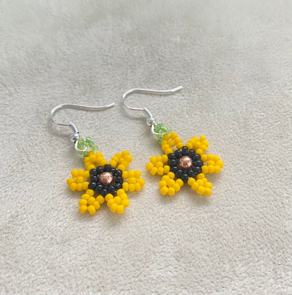 Sunflower Earrings Tiny Seed Bead Flower Earrings Beaded Glass