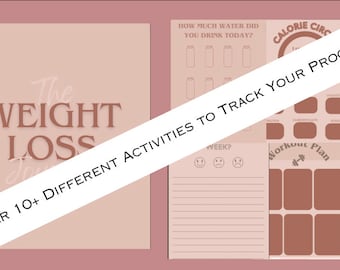 May include: A pink and brown weight loss journal with a spiral binding. The cover says "The Weight Loss Journey" and includes the text "With over 10+ different activities to track your progress". The journal has pages for tracking water intake, mood, workout plans, and calorie intake.