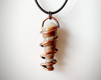 Hand Wrapped Sea Cone Shell, Solid Copper Oxidized Hand Wrapped Around A Shell Cone, Boho Hip Shell Pendant On Leather Cord, Unisex Necklace