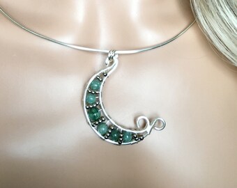 Burmese Jade, Beautiful Silver and Jade Moon Pendant, Wrap Around Collar, Handmade Protective Amulet, Ideal Gift For Women, Canadian Made