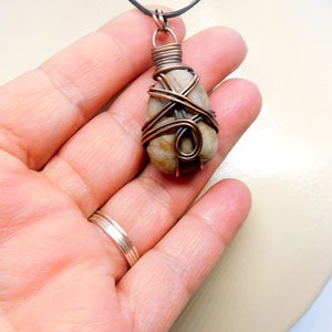 Natural Beach Stone Wrapped In Bare Copper Wire - Oxidized Wire Wrapped Pendant Stone - Pendant On Leather Cord - Jewelry Pendant His & Hers