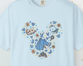 Cinderella Princess Shapes Comfort Colors T-Shirt, Chinoiserie Shirt, Fairytale Top, Unisex Tee, Dress Slippers, Butterfly Flowers