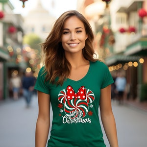 Minnie Peppermint Swirl Christmas V-Neck Unisex Shirt, Mouse Kingdom Christmas Shirt, Magic World Vacation Shirt, Christmas Tee, Candy Cane